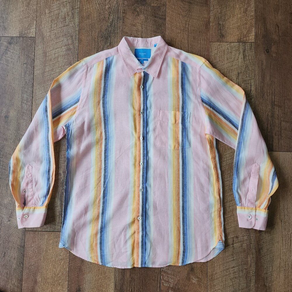 Faconnable 100% Linen Striped Club Fit Dress Shirt Size Medium